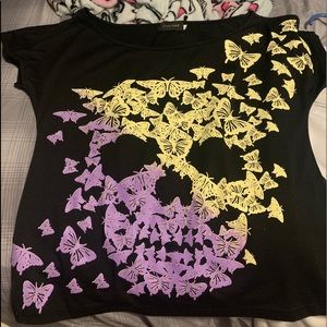 Skull Butterflies Off one shoulder Tee